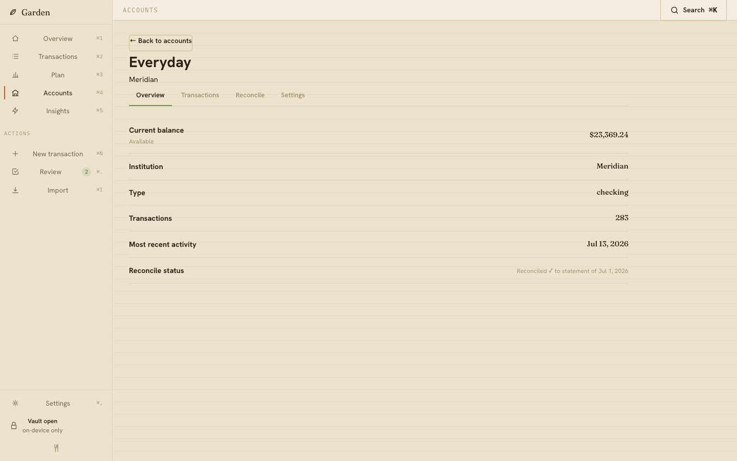 Garden account detail workspace with balance history and activity.
