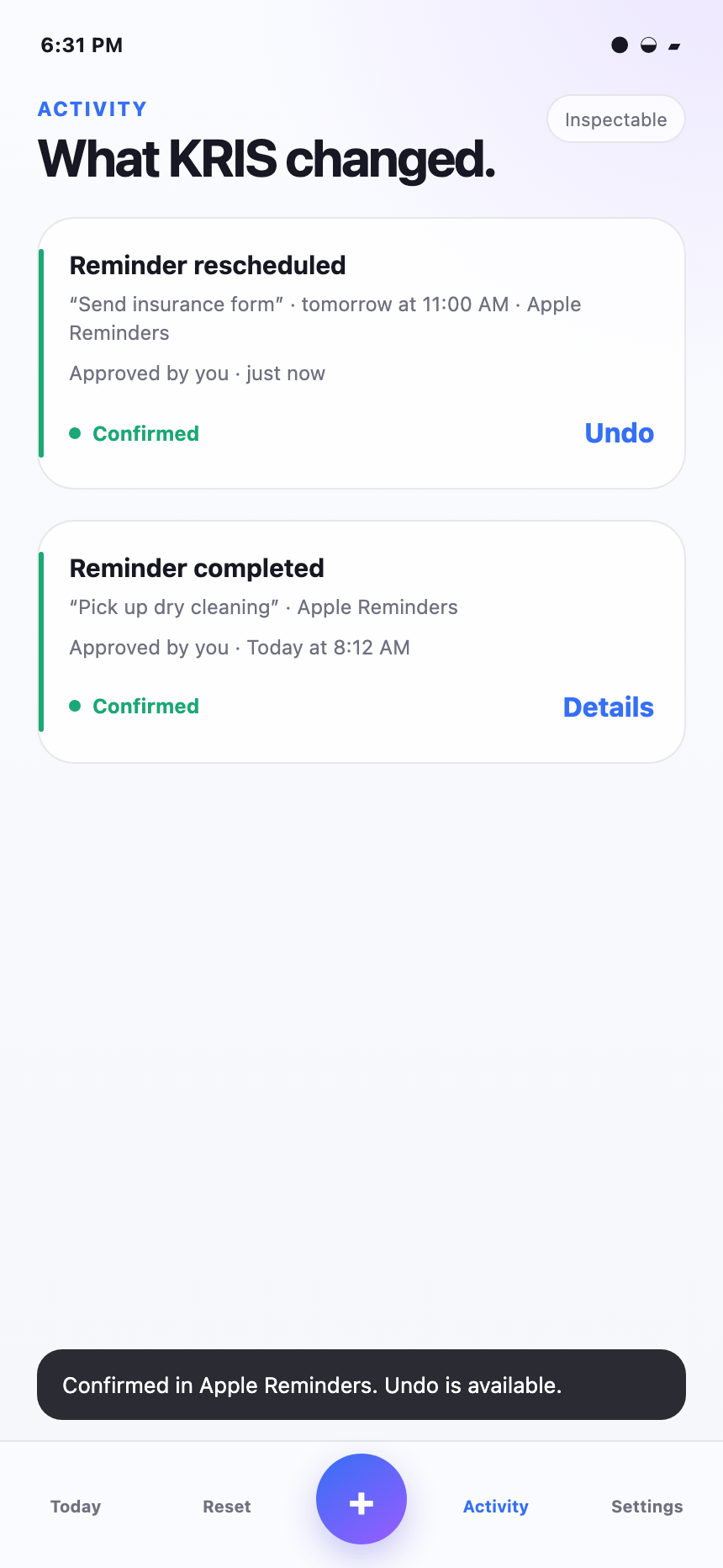 KRIS V1 foundation concept showing a confirmed receipt and Undo.