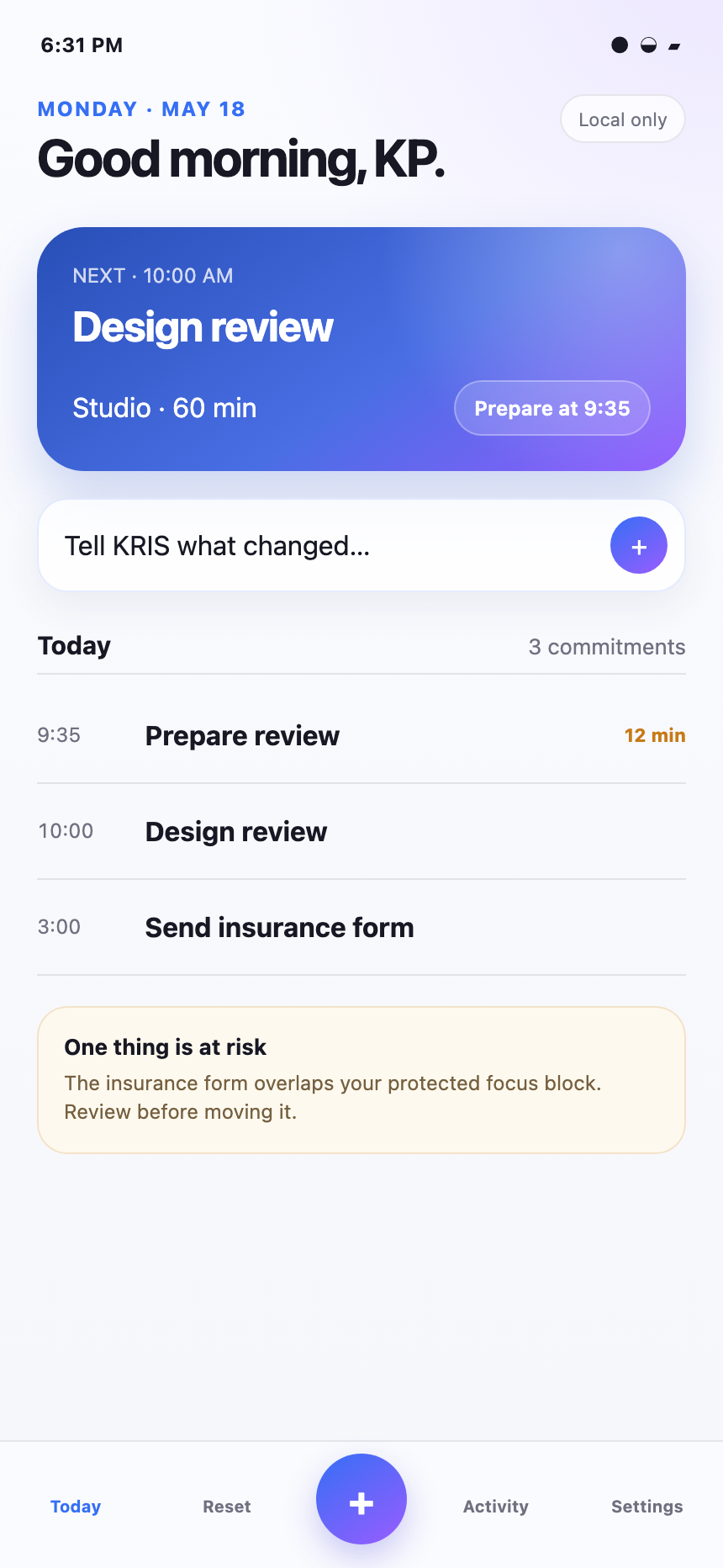 KRIS V1 foundation concept showing Today and the next commitment.