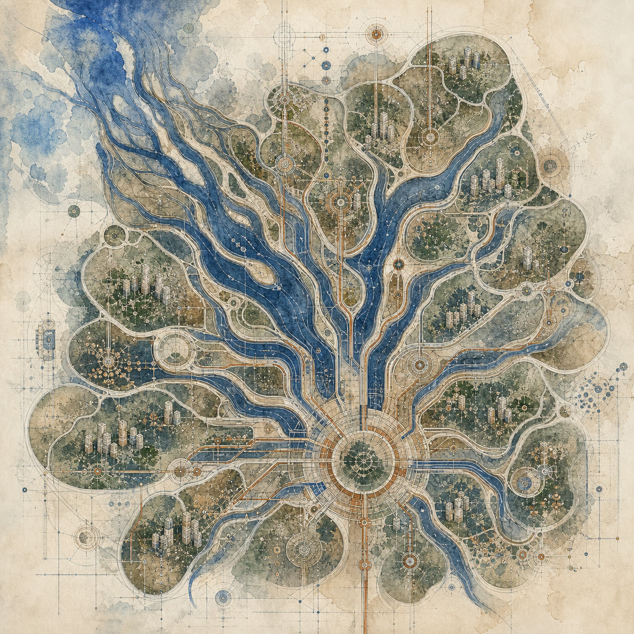 Top-down painting of a river delta divided into ruled ledger columns.