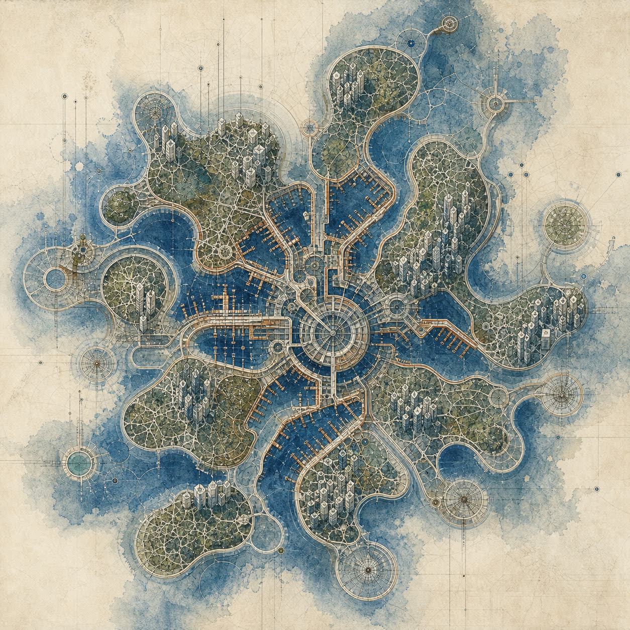 Top-down painting of a harbor whose docks branch like fungal threads.