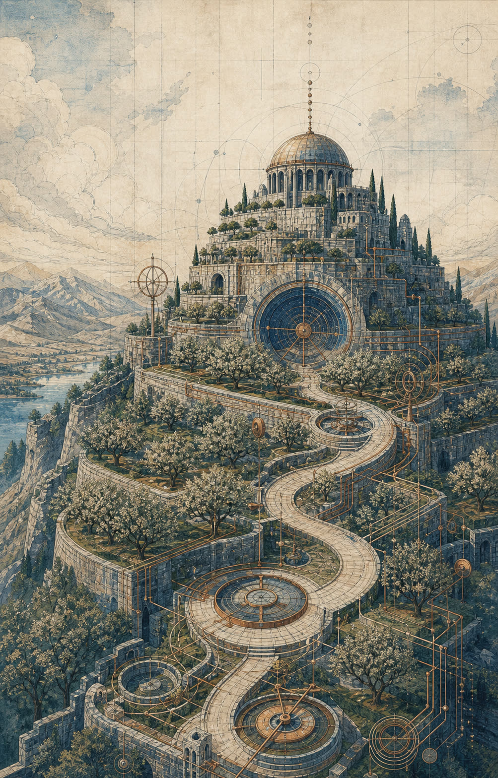 Painting of a terraced orchard built around an observatory dome.