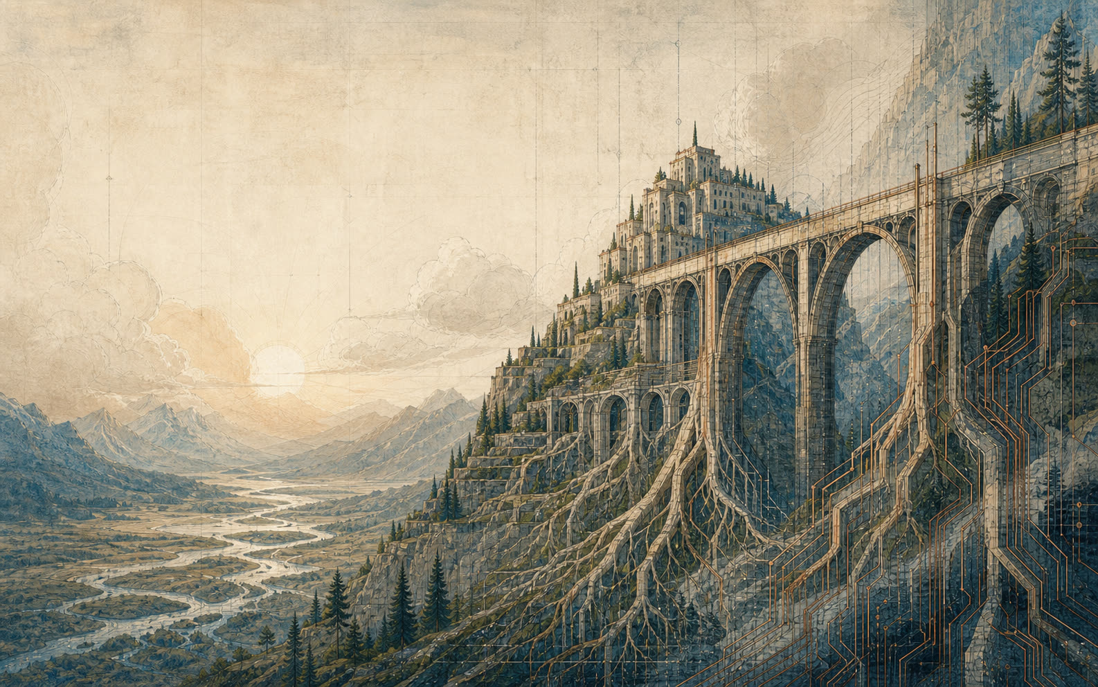 Painting of an alpine viaduct whose supports resemble tree roots.