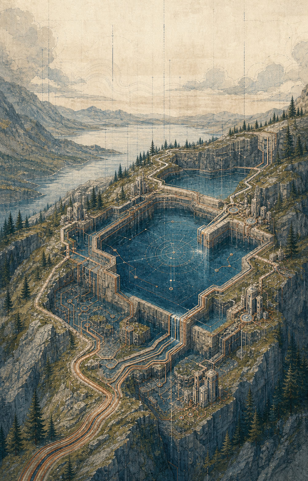 Terrace Reservoir, a full mountain-city composition crossed by copper infrastructure.