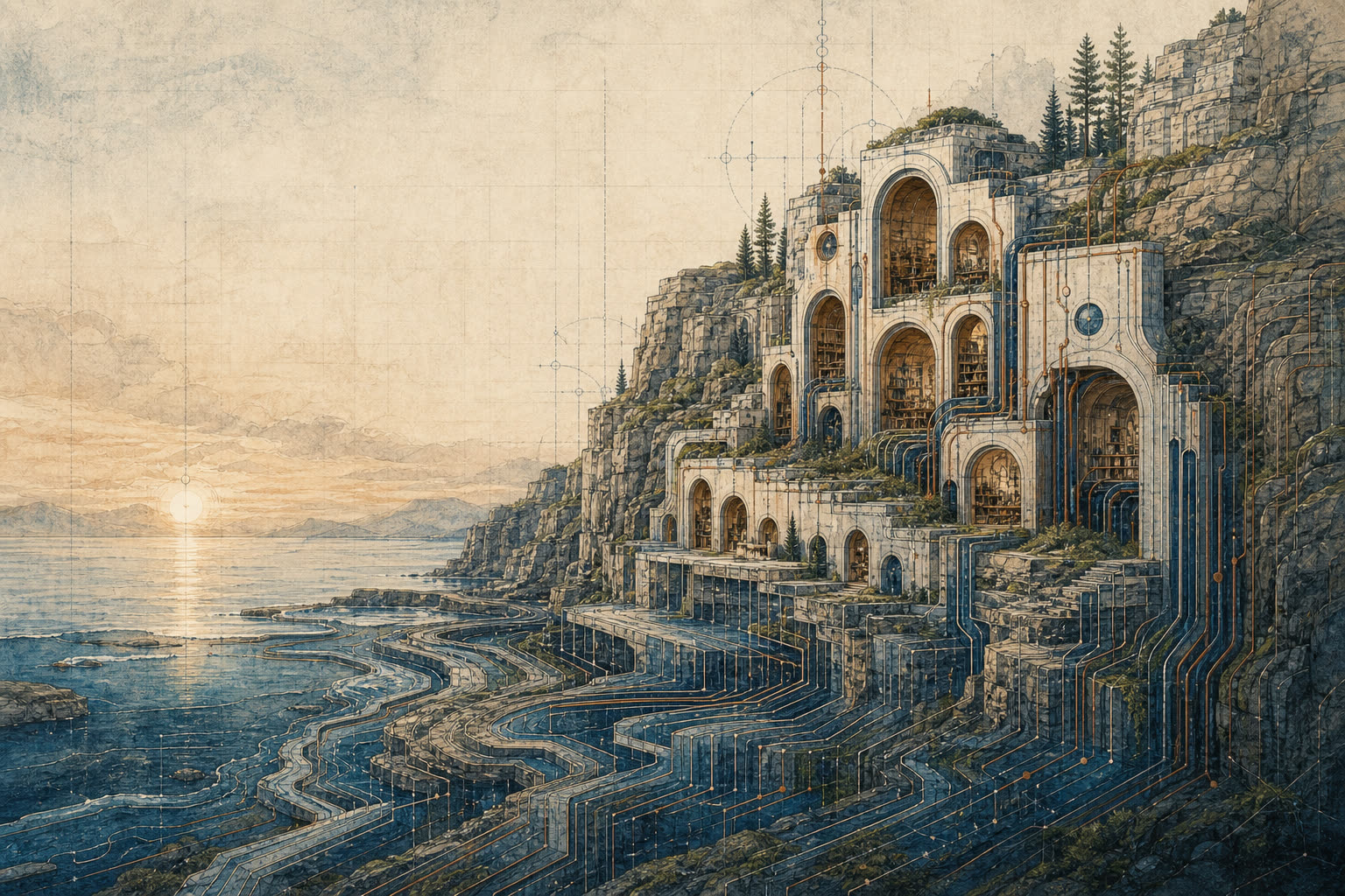 Painting of a cliffside building stepped down tidal terraces.