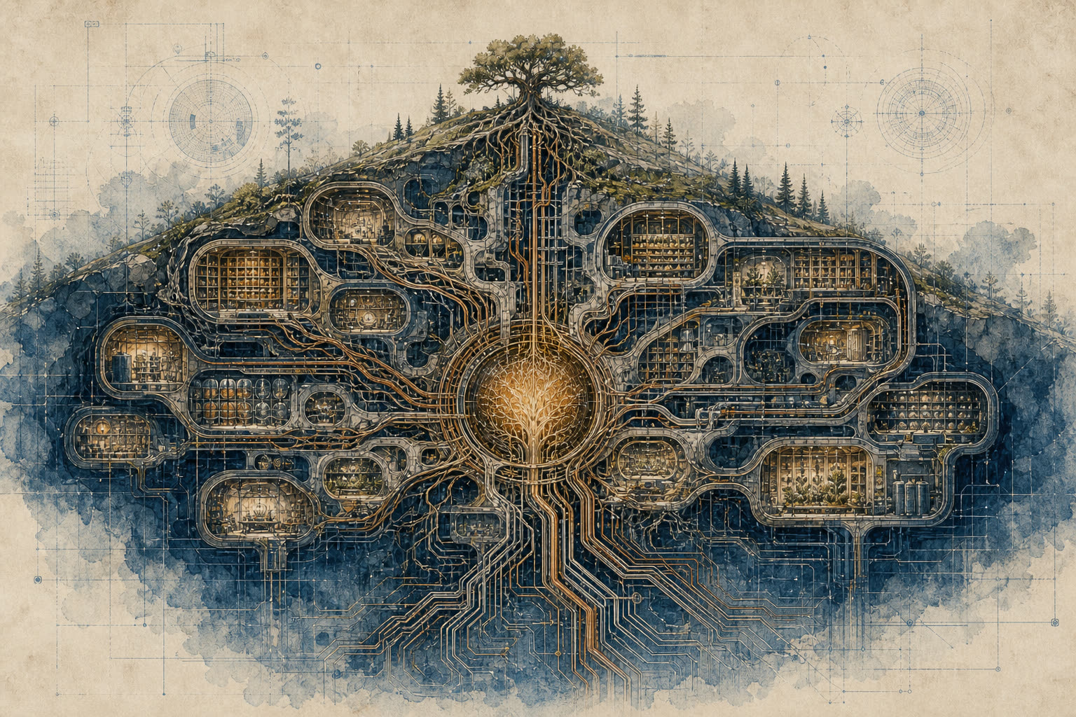 Cutaway painting of root systems holding a buried seed vault.