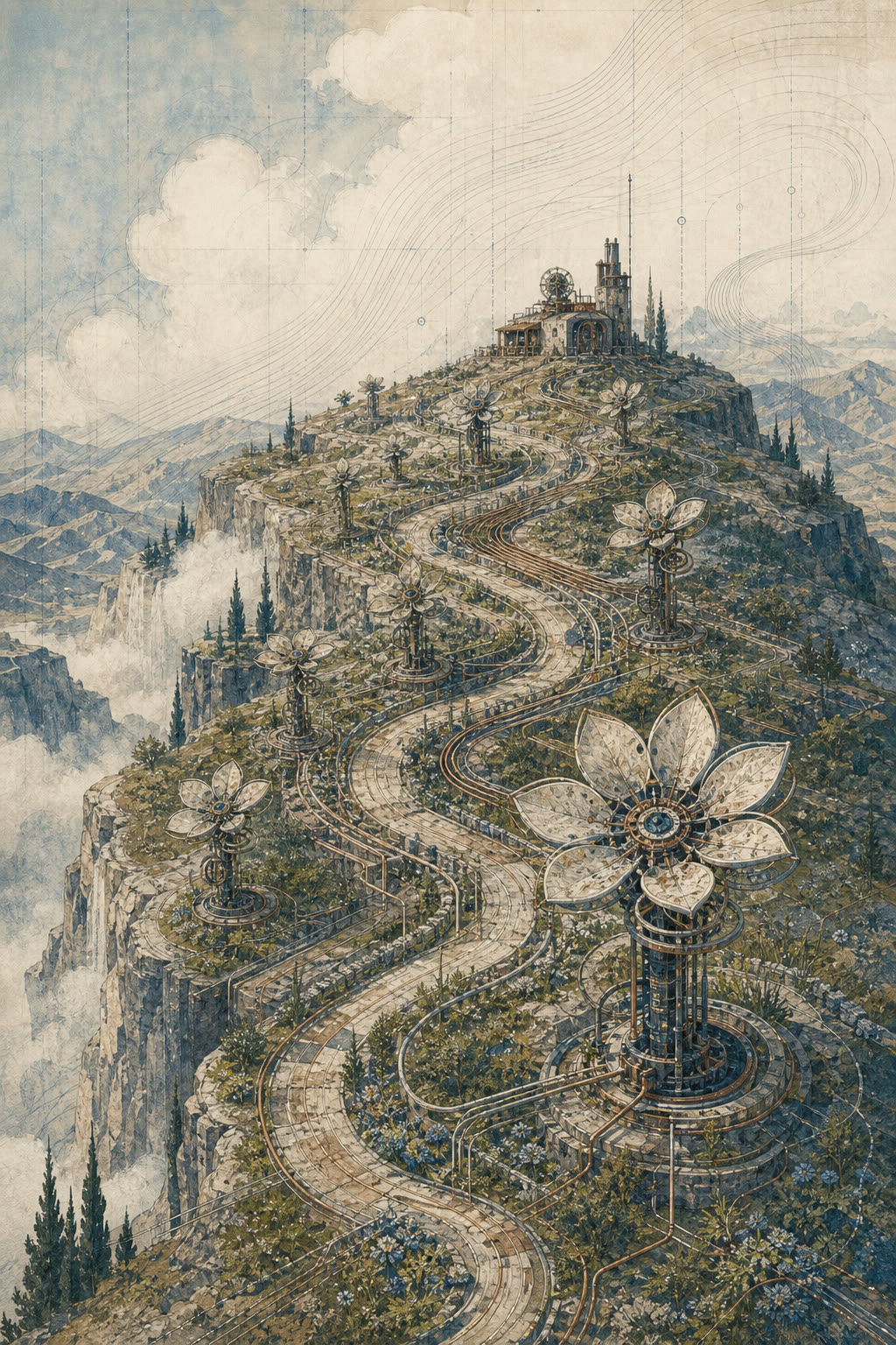 Painting of turbine blades shaped like flowers across a plateau.